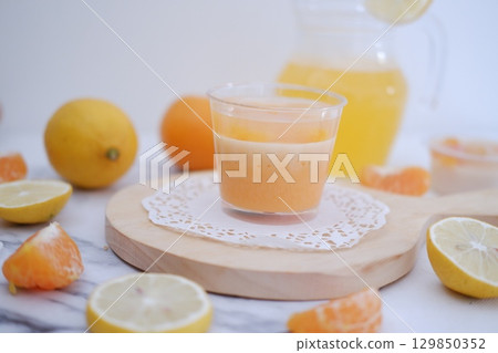 Tropical Fruit Dessert in Soft Pastel Setting 129850352