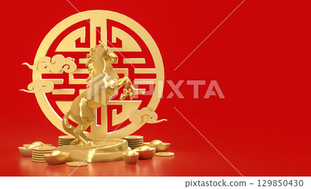 The Gold Year of horse for Chinese New year or holiday concept 3d Rendering. 129850430