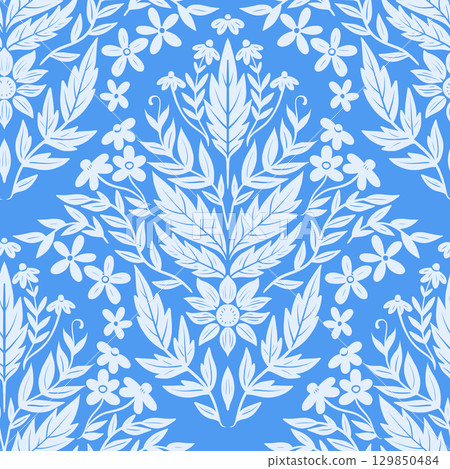 Monochrome ornamental seamless pattern with floral and leaf elements in retro victorian style. Monochrome ornamental seamless pattern with floral and leaf elements in retro victorian style. 129850484