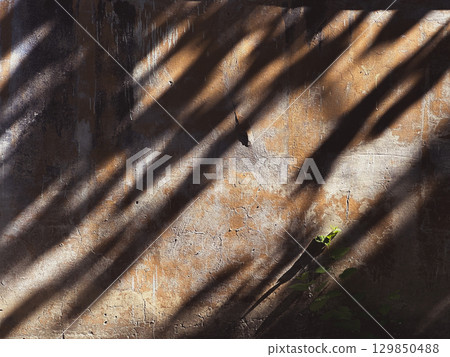 Abstract textured wall with striking shadows from the sun, creating a visual contrast. The textured wall, sun-drenched, creates a play of light and shadow, highlighting the architectural details. 129850488
