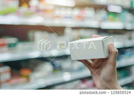 Pharmacy shelf with hand removing box, background blurred with many visible medicine containers 129850524
