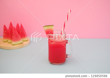 Summer Refreshment Watermelon Drink with Fruit Garnish 129850566