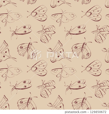 Hand drawn moths seamless pattern with minimal line art for stationery fabric wrapping paper and home decor Vector illustration Hand drawn moths seamless pattern with minimal line art for stationery fabric wrapping paper and home decor Vector illustration 129850672