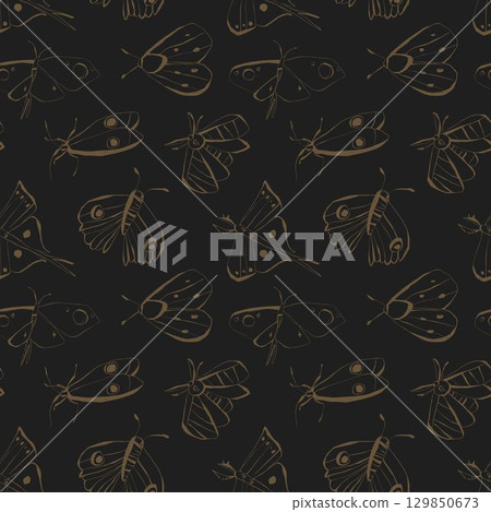 Olive green moths seamless pattern on black background for home decor stationery fabric wrapping paper Vector illustration Olive green moths seamless pattern on black background for home decor stationery fabric wrapping paper Vector illustration 129850673
