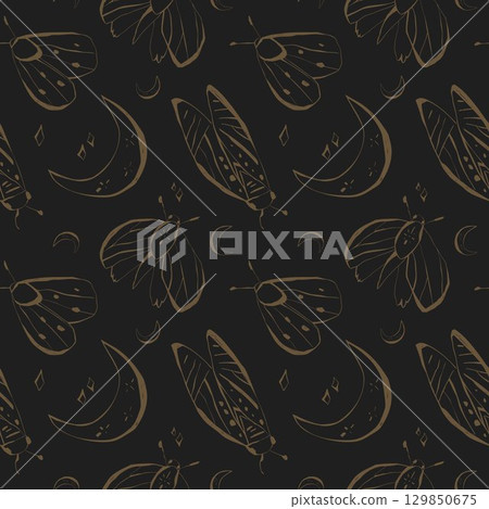 Mystical moths seamless pattern with moon stars in gold on black for home decor stationery fabric and wrapping paper Vector illustration Mystical moths seamless pattern with moon stars in gold on black for home decor stationery fabric and wrapping paper Vector illustration 129850675