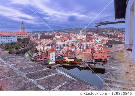 Sunset view over rooftops, Cesky Krumlov, Czech Republic 129850846