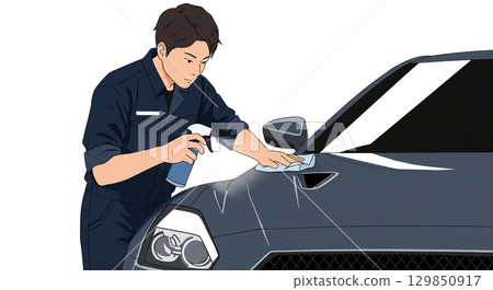 一位專業的男工人正在將他心愛的汽車擦得鋤頭! 一位專業的男工人正在將他心愛的汽車擦得鋤頭! 129850917