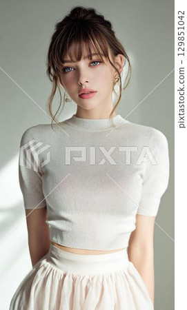 穿著裙子的女人坐在椅子上 129851042