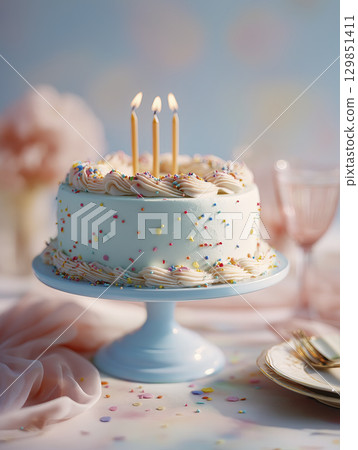 Delightful colorful birthday cake is adorned with sprinkles and glowing candles, creating joyful and celebratory scene that brings happiness and excitement 129851411