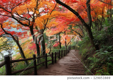 Spectacular Japanese autumn scenery: vibrant autumn leaves 129851669
