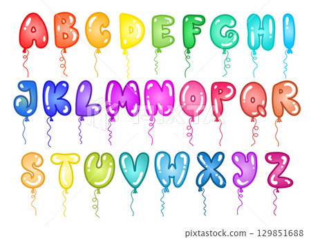 Balloon alphabet vector illustration in cartoon style. Bright multicolored rainbow balloon letters isolated on white background. Perfect for kids design, party decoration, posters and greeting cards. 129851688