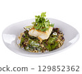 Cod Fish Fillets With Rice and Peas, isolated on white background 129852362