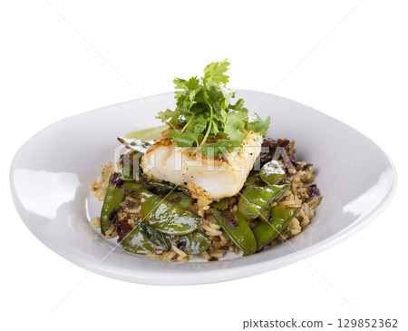 Cod Fish Fillets With Rice and Peas, isolated on white background Cod Fish Fillets With Rice and Peas, isolated on white background 129852362