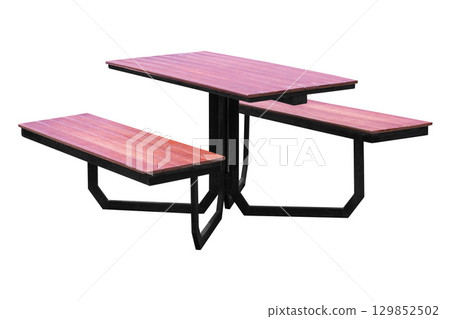 The garden table and benches are made of steel and wood panels isolated on white background 129852502