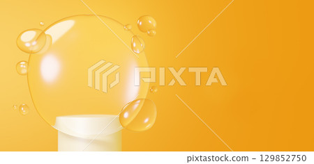 黃色背景上，多個水滴和白色基座。 3D影像。複製空間。 （橫向） 129852750