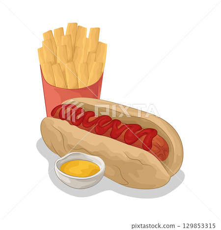 Illustration of Hotdog with French Fries Illustration of Hotdog with French Fries 129853315