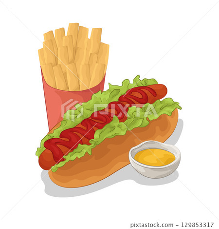 Illustration of Hotdog with French Fries Illustration of Hotdog with French Fries 129853317