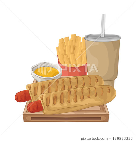 Illustration of Hotdog with french fries and soft drink Illustration of Hotdog with french fries and soft drink 129853333