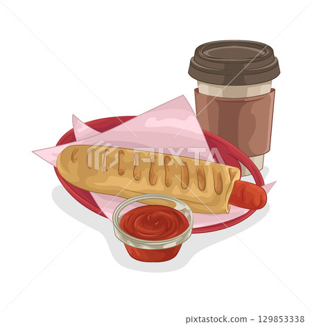 Illustration of Hotdog with Coffee Cup Illustration of Hotdog with Coffee Cup 129853338