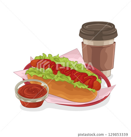 Illustration of Hotdog with Coffee Cup Illustration of Hotdog with Coffee Cup 129853339
