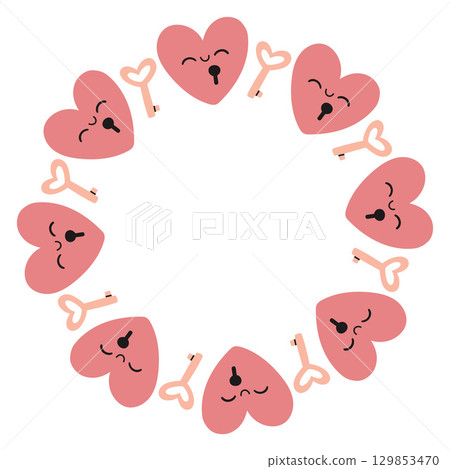Valentines day heart circle frame. Round love themed border made of hearts. Pink and red colors happy valentine day hand drawn banner vector isolated on white background. 129853470