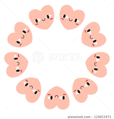 Valentines day heart circle frame. Round love themed border made of hearts. Pink and red colors happy valentine day hand drawn banner vector isolated on white background. Valentines day heart circle frame. Round love themed border made of hearts. Pink and red colors happy valentine day hand drawn banner vector isolated on white background. 129853471