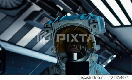 Astronaut researcher wearing equipment using tablet to carry out research. Scientist wearing cosmonaut gear in spaceship monitoring life support systems during flight using device, camera B 129854085