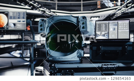 Space helmet next to laptop in spaceship showing mission logs during orbital flight. Astronaut equipment prepared for planetary expedition and notebook displaying star charts 129854163