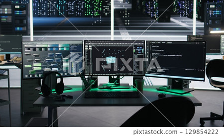 Server farm computer systems controlling network resources through node tree programming software. Visual programming tools on PC screens enabling streamlined data processing 129854222