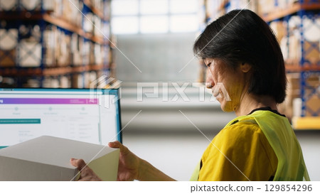 Male staff member does inventory check and registering parcels, reviewing shipping labels and tracking info on package tracking software. Managing e-commerce retail operations. Camera B. Male staff member does inventory check and registering parcels, reviewing shipping labels and tracking info on package tracking software. Managing e-commerce retail operations. Camera B. 129854296