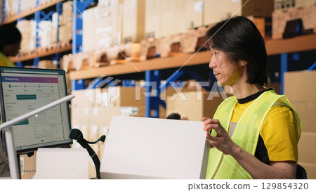 Warehouse worker scanning airway bills labels applied on cargo packages, monitoring shipping route on package tracking software. Registering the details for the logistics. Camera B. 129854320