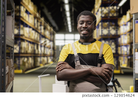 Portrait of confident cheerful person in workwear posing near storage racks, managing e-commerce import export operations in a warehouse. Young adult smiling in fulfillment center. 129854624