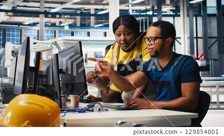 Black engineers collaborate on photovoltaic system designs at computer, focused on eco friendly renewable technology. Team finetuning solar power software and equipment performance. Camera B. Black engineers collaborate on photovoltaic system designs at computer, focused on eco friendly renewable technology. Team finetuning solar power software and equipment performance. Camera B. 129854801