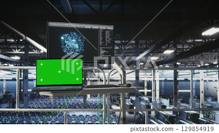 Server hub isolated screen laptop monitoring systems processing deep learning datasets for AI workflows. Mockup notebook tracking equipment supporting artificial intelligence model development 129854919