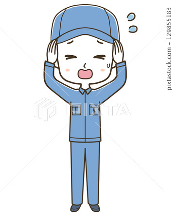 Full-body illustration of a panicked young male worker 129855183