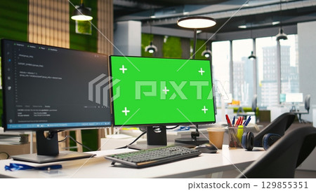 Isolated screen PC on office desk showing software development programming languages written by programmers. Chroma key computer in company workplace used for code testing and quality assurance Isolated screen PC on office desk showing software development programming languages written by programmers. Chroma key computer in company workplace used for code testing and quality assurance 129855351