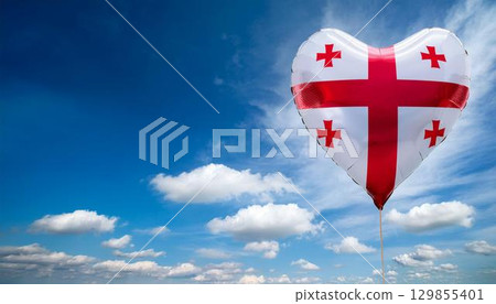 喬治亞國旗心型氣球和藍天 喬治亞國旗心型氣球和藍天 129855401