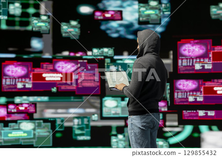 Modern IT attacker uses programming and system override strategy to launch malware and penetrate secure access points. Highlighting cyber crime, hacker practices hacktivism with AI. Modern IT attacker uses programming and system override strategy to launch malware and penetrate secure access points. Highlighting cyber crime, hacker practices hacktivism with AI. 129855432