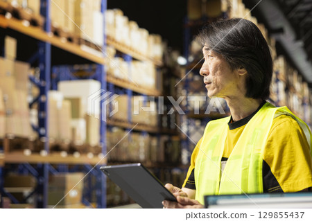 Startup employee organizes goods and processes online shopping orders, coordinating local deliveries. Worker handles packaging and manages inventory, working efficiently for clients. 129855437