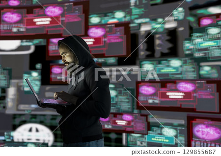 Cyber infiltration unfolds as a hacker is targeting network systems, bypassing encryption and engaging in espionage. Man practices identity theft and data breaches through AI manipulation. 129855687