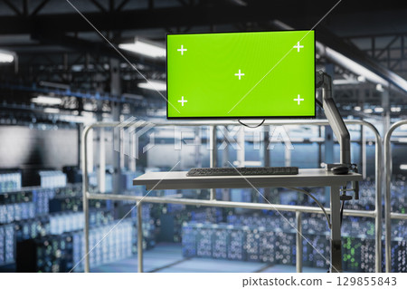 Server hub green screen monitoring systems and processing deep learning datasets for AI workflows. PC displays tracking hardware supporting artificial intelligence model development. 129855843