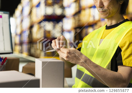 Male worker managing package labeling using shipment details adhesive tags, handling order processing and preparing the packages for distribution. Online shopping fulfillment center. 129855877
