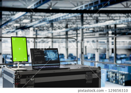 Close up of AI tech on laptop next to mockup tablet in server room handling queries. Artificial intelligence technology on notebook in data center next to green screen device 129856310