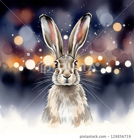 Illustration of a rabbit with large upright ears and detailed fur in shades of brown and gray Illustration of a rabbit with large upright ears and detailed fur in shades of brown and gray 129856719
