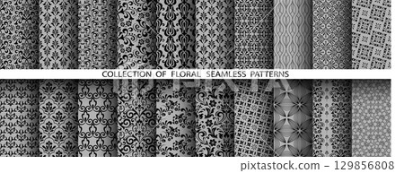 Geometric floral set of seamless patterns. Gray and black vector backgrounds. Damask graphic ornaments Geometric floral set of seamless patterns. Gray and black vector backgrounds. Damask graphic ornaments 129856808