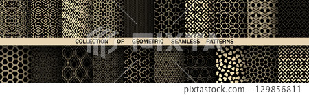Geometric set of seamless black and golden patterns. Simple vector graphics Geometric set of seamless black and golden patterns. Simple vector graphics 129856811