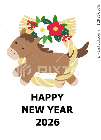 New Year's card template for 2026, Year of the Horse. Horse, cute, lucky charm, shimenawa, vector, horse New Year's card template for 2026, Year of the Horse. Horse, cute, lucky charm, shimenawa, vector, horse 129856975