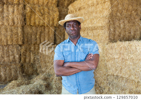 Confident african american farmer standing near straw stack Confident african american farmer standing near straw stack 129857010
