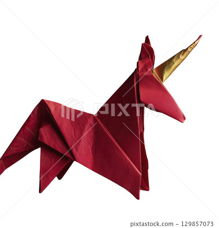 Red and gold origami unicorn sculpture with shiny, textured surface and majestic horn, set against transparency background, exuding sense of fantasy and creativity Red and gold origami unicorn sculpture with shiny, textured surface and majestic horn, set against transparency background, exuding sense of fantasy and creativity 129857073