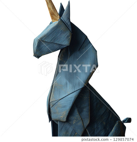 Modern, artistic sculpture of unicorn with metallic blue finish and gold accents, showcasing sleek, geometric design that emphasizes creativity and fantasy 129857074